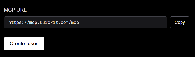 The Connect MCP page with the Create token button and the long token string below it.